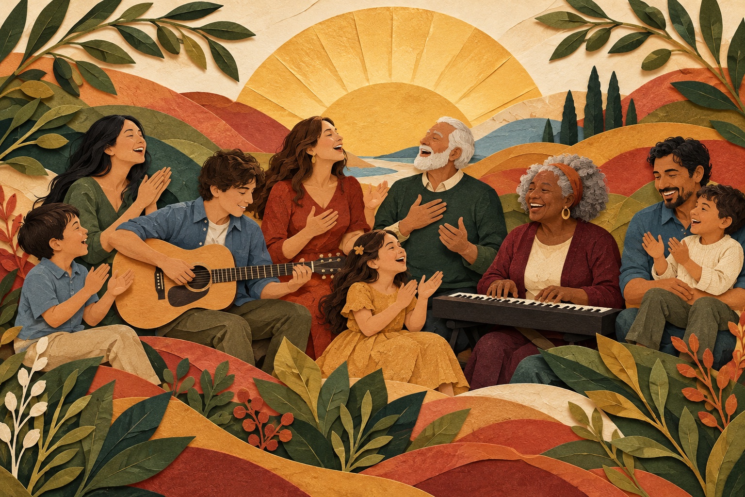 Paper-cut illustration of children, students, adults, and older adults of diverse backgrounds making music together.